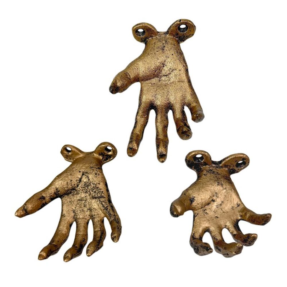 Set of 3 Creepy Hand Wall Hooks Antique Gold Cast Iron Gothic Decor